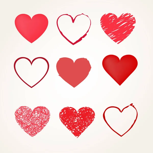 Hand drawn different style red hearts set. Vector symbols. — Stock Vector