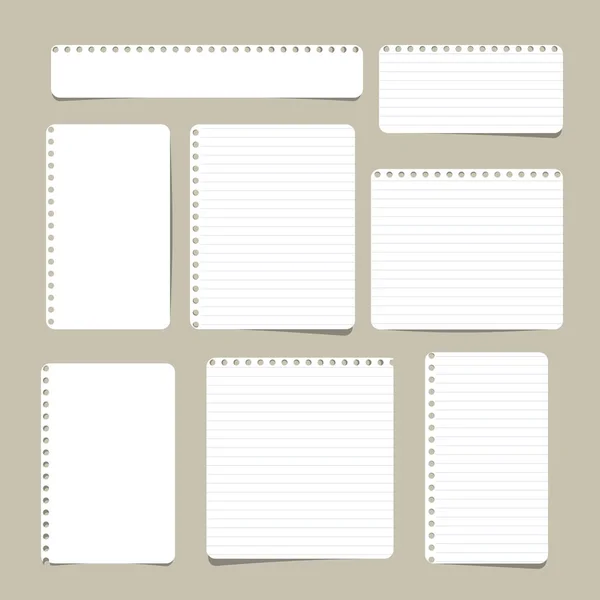 Satz unterschiedlich großer linierter und leerer Notizen, Notizbücher, Papierblätter. — Stockvektor