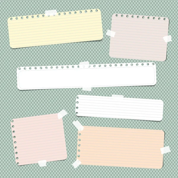 Colorido rayas, nota reglamentada, copybook, papel de cuaderno pegado con cinta adhesiva sobre fondo verde . — Vector de stock