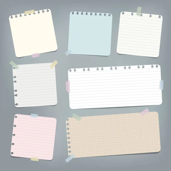 Colorido rayas, nota reglamentada, copybook, papel de cuaderno pegado con cinta adhesiva sobre fondo gris . — Vector de stock