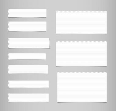 Beyaz çizgili, çizgili Not, boşaltmak, defter kağıt üzerinde sıkışmış gri arka plan şeritler.