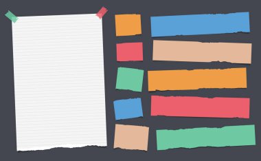 Renkli, sökük, Not, boşaltmak, defter kağıt şeritler ile şaşırıp kalmış yapışkan, yapışkan bant siyah arka plan üzerine.