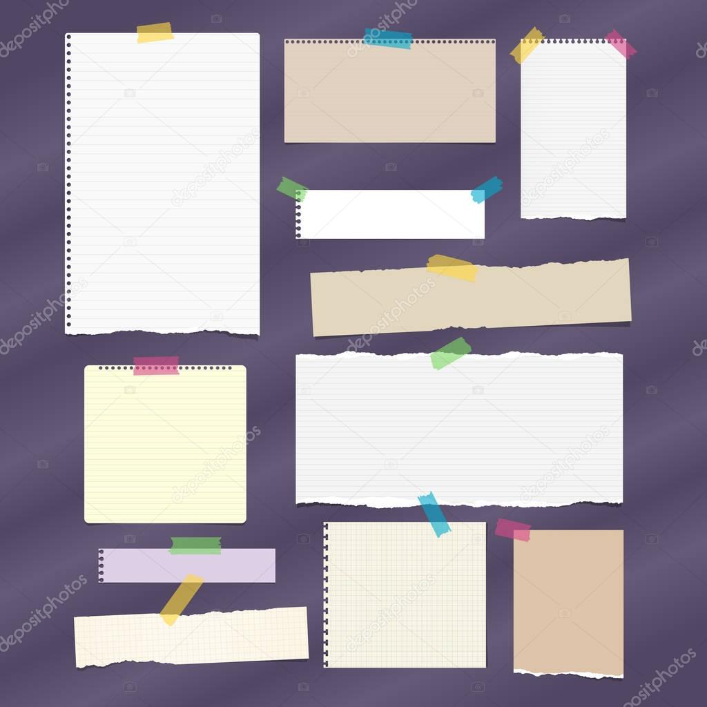 Torn ruled note, notebook, copybook paper strips, sheets stuck with sticky tape on dark purple background.