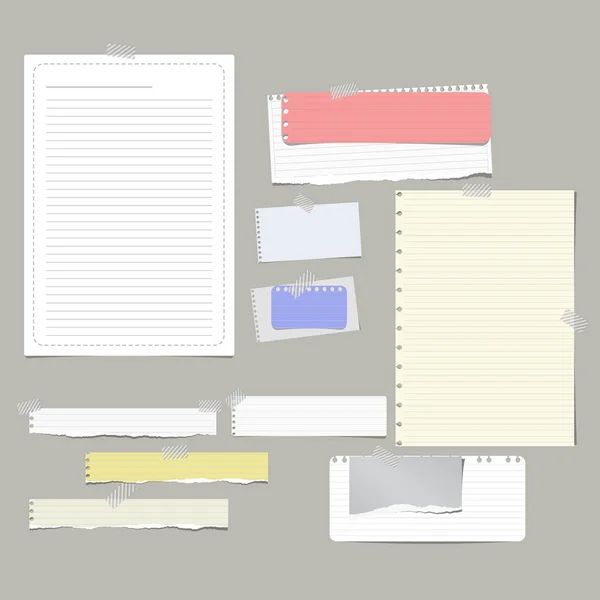 Rasgado governado, nota, caderno, tiras de papel de livro, folhas presas com fita adesiva no fundo cinza . —  Vetores de Stock