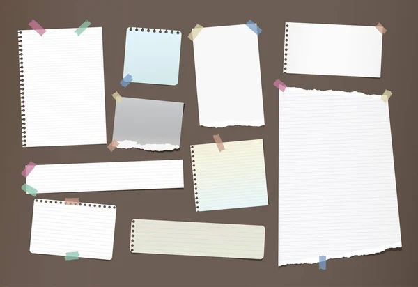 Nota, cuaderno, tiras de papel de copybook, hojas pegadas con cinta adhesiva de colores sobre fondo marrón . — Vector de stock