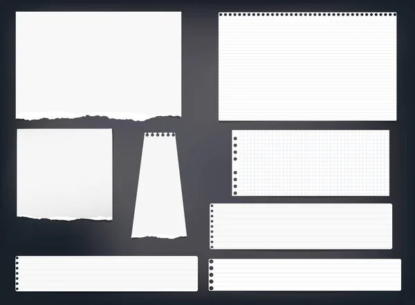 Note déchiré, cahier, bandes de papier copybook, feuilles collées sur fond noir . — Image vectorielle