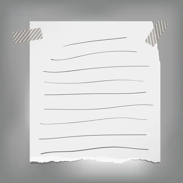 Aufgerissene Notiz, Notizbuch, Papierblätter mit Streifen auf grauem Hintergrund. — Stockvektor