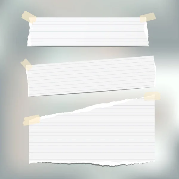 Fehér döntött jegyzet, jegyzetfüzet, copybook papír csíkok megragadt-val ragasztószalagot a szürke háttér. — Stock Vector