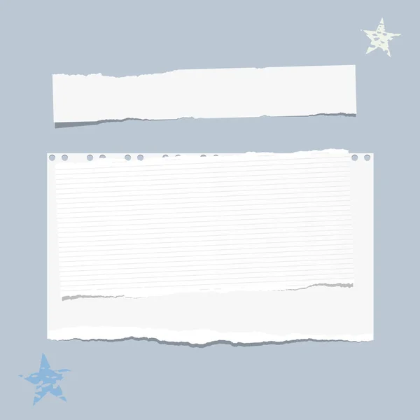 Nota, cuaderno, papel de copybook pegado sobre fondo azul con estrellas . — Vector de stock