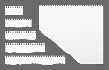 Kopyalanmış beyaz Not şeritler, defter, boşaltmak kağıt sayfası sıkışmış gri arka plan üzerinde.