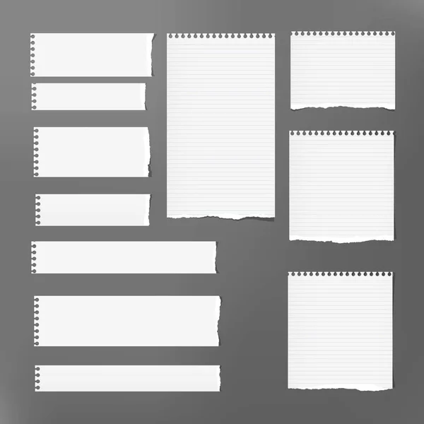 Ripped note strips, notebook, copybook paper sheets stuck on gray background. — Stock Vector