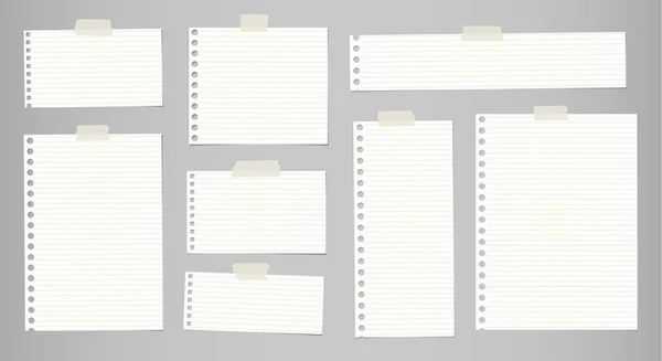 Nota listrada branca, papel de caderno para mensagem ou texto preso com fita adesiva no fundo cinza . —  Vetores de Stock