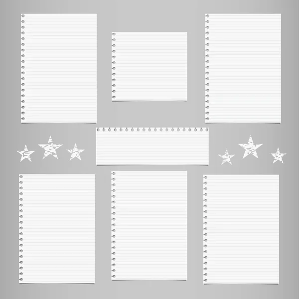 Біла смугаста нотатка, блокнот для повідомлення або текст, застряг на сірому фоні з зірками . — стоковий вектор