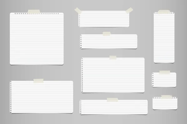 Nota listrada branca, papel de caderno para mensagem ou texto preso com fita adesiva no fundo cinza . — Vetor de Stock