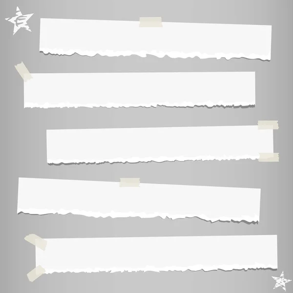 Bílá roztrhl odříznout poznámky, papír poznámkového bloku pro zprávy nebo textu s lepící páskou na šedém pozadí s hvězdami. — Stockový vektor