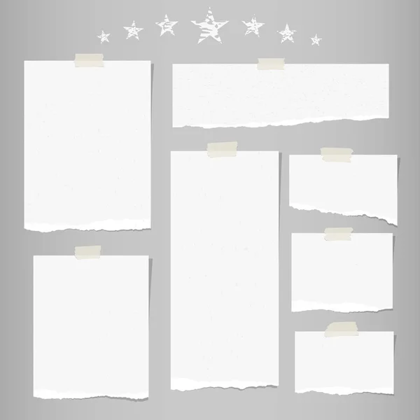 White ripped note, notebook paper for message or text stuck with sticky tape on gray background with stars. — Stock Vector