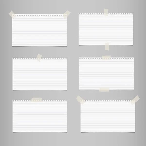 White striped note, notebook paper for message or text stuck with sticky tape on gray background. — Stock Vector