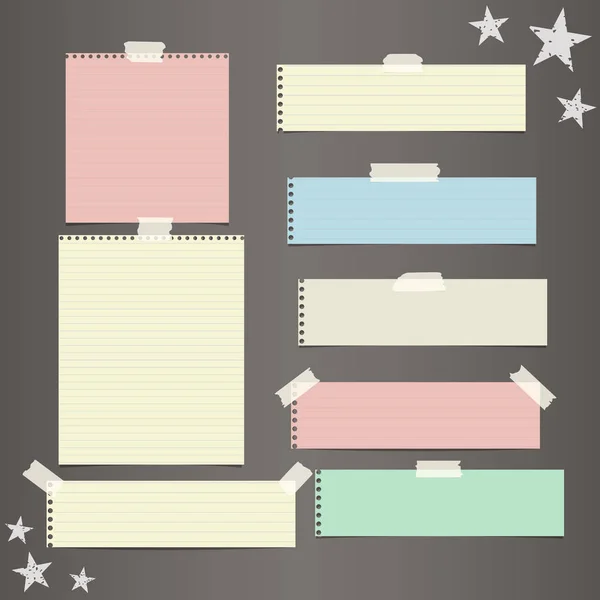 Färgglad randig papper, häfte, notebook ark för anteckning eller meddelande fast med klibbig, tejp, stjärnor på mörkbrun bakgrund. — Stock vektor