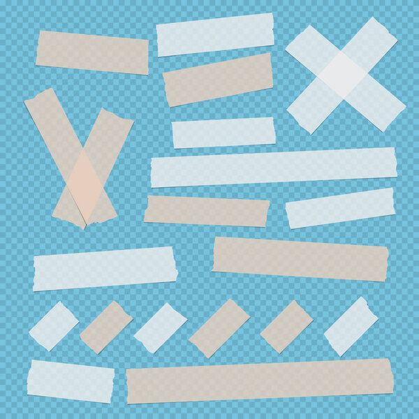 Коричневый и белый разного размера клей, липкий, скотч лента, бумага куски на синем квадратном фоне
.