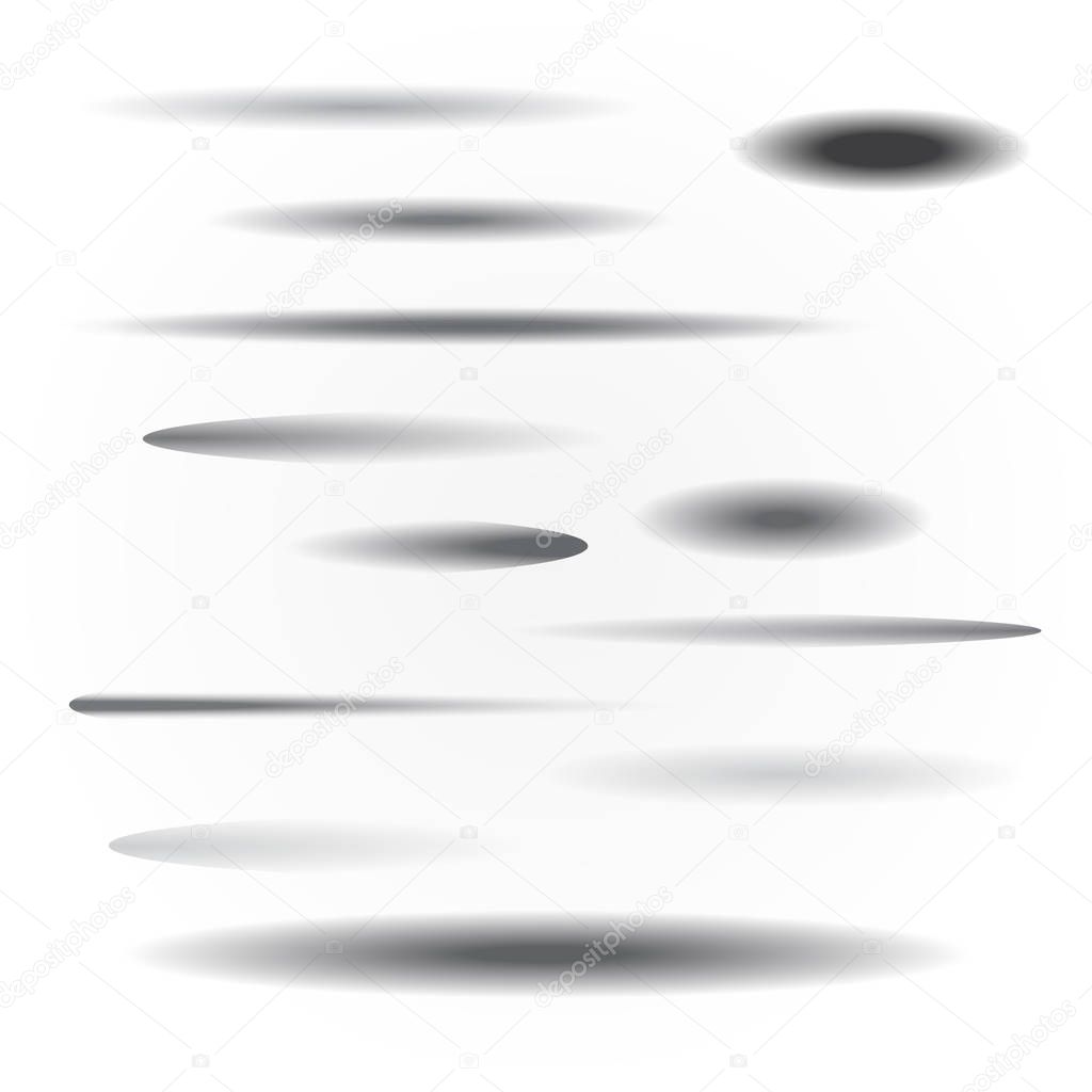 Set of differnt form and size black transparent shadows with soft edges isolated on white background. Element for product design.