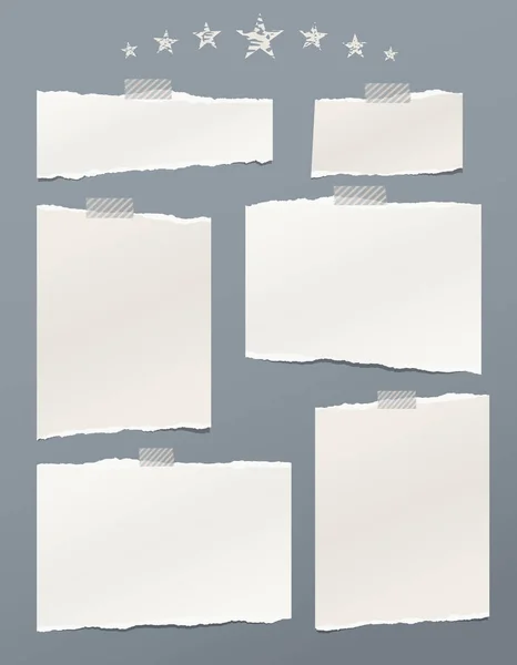 Bílá roztrhaný papír, notebook listy pro poznámky nebo zprávy s lepící páskou na šedém pozadí s hvězdami. — Stockový vektor