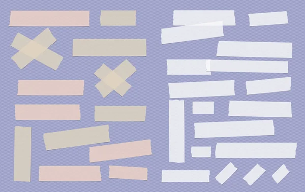 茶色と白の異なるサイズの紫の四角形の背景に接着、粘着、紙片. — ストックベクタ