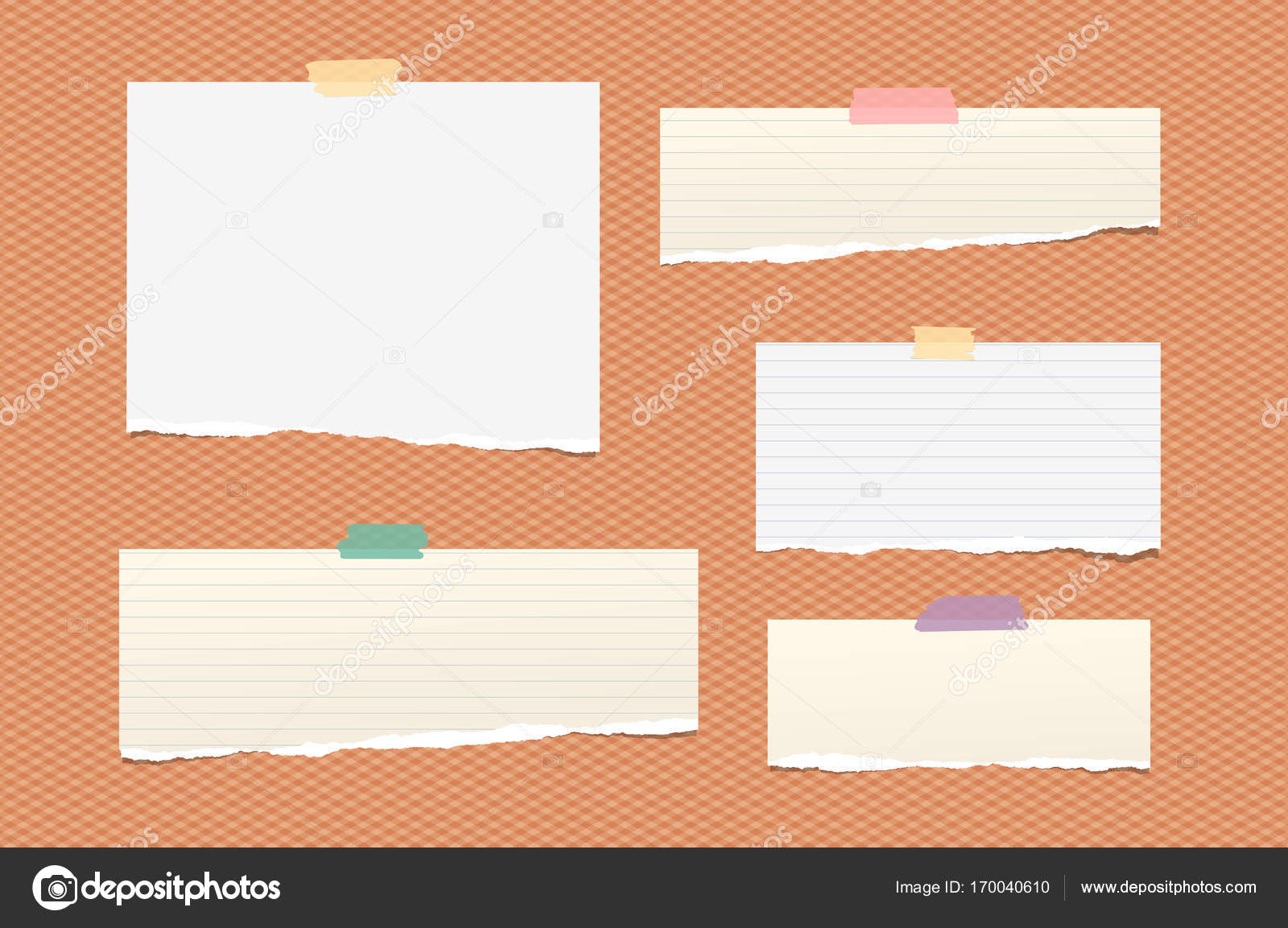 白と茶色のリッピング罫紙ストリップ ノート テキストまたはオレンジ色の四角形の背景にカラフルな粘着テープで立ち往生しているメッセージのためのメモ ストックベクター C Flas100