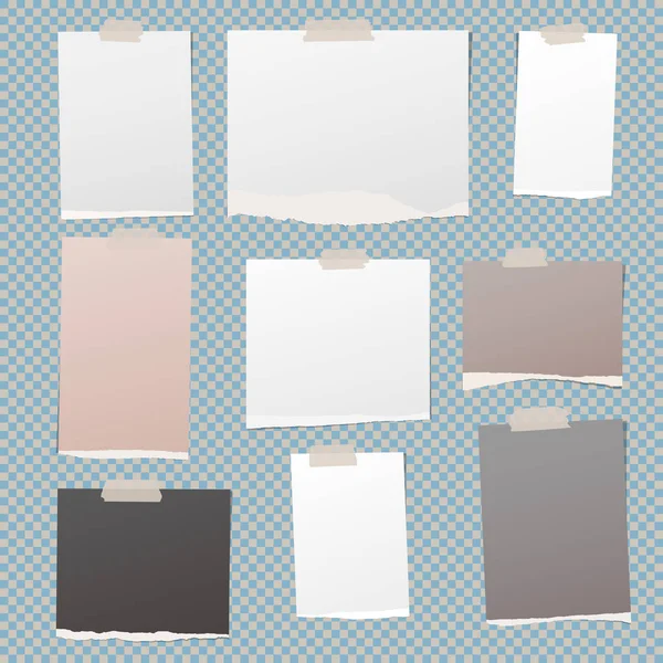 White, brown notebook, notepad paper sheets for note or message stuck with sticky tape on squared background. — Stock Vector