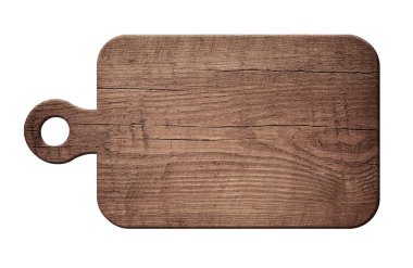 Kahverengi ahşap kesme, beyaz arka planda choping kurulu çizik.