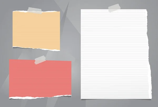 Tiras de papel rasgadas, hojas de cuaderno para nota o mensaje pegado con cinta adhesiva sobre fondo gris . — Archivo Imágenes Vectoriales