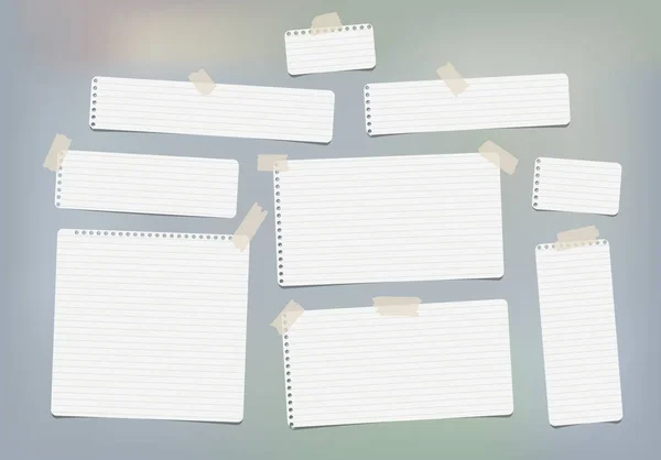 Pezzi di quaderno bianco foderato, fogli di quaderno per note incollati con nastro adesivo sfondo grigio — Vettoriale Stock