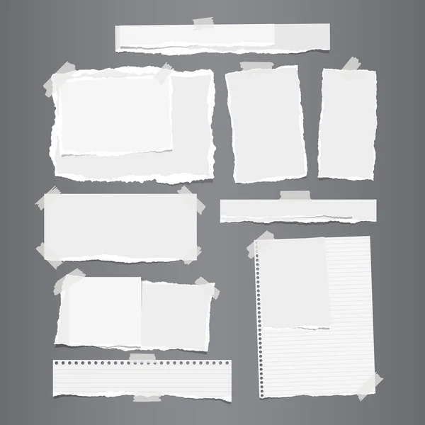 Bandes de papier horizontales et verticales déchiré blanc, bloc-notes, papier de note pour texte ou message collé avec du ruban adhésif sur fond gris . — Image vectorielle