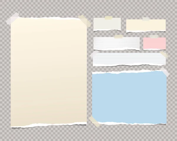 Bílý, barevný pastel, roztrhaný notebook listy papíru, Poznámka pro text nebo zpráva přilepená s lepící páskou na druhou mocninu pozadí. — Stockový vektor