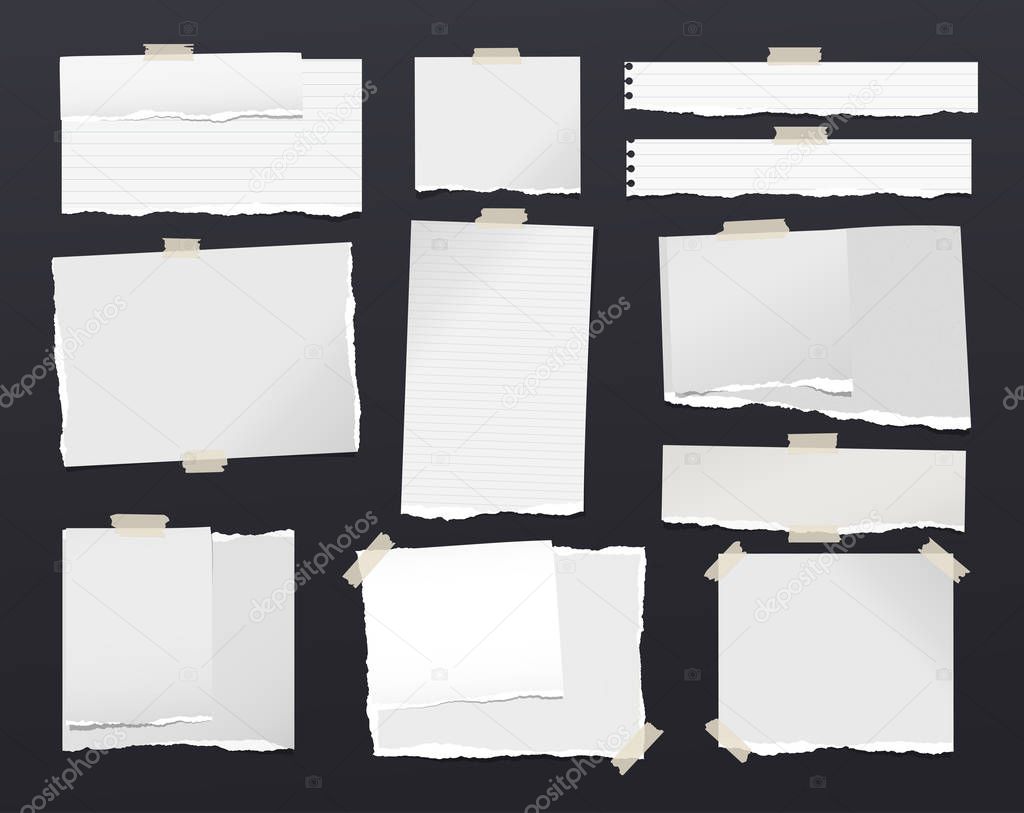 White ripped notebook paper sheets, note for text or message stuck with sticky tape on black background.