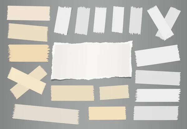 Blocco note strappato bianco, foglio di carta, nastro adesivo adesivo adesivo per testo o messaggio su sfondo grigio . — Vettoriale Stock