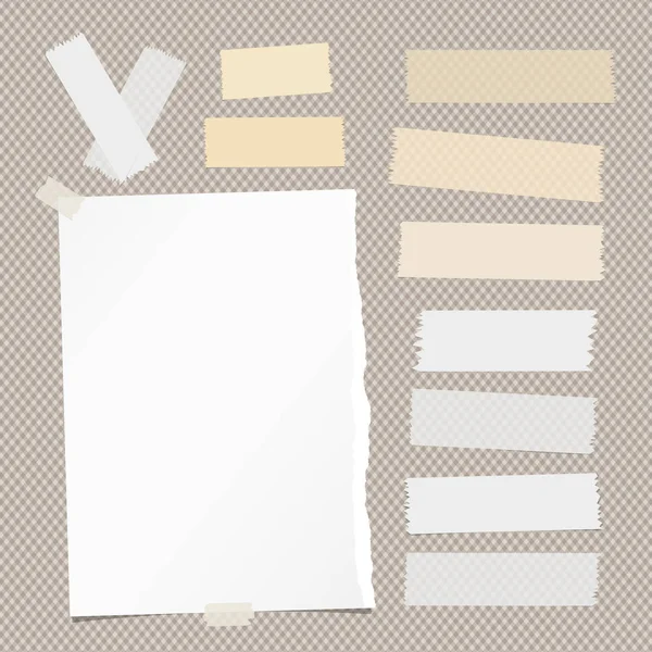 Caderno rasgado branco, folha de papel de nota, fita adesiva adesiva pegajosa para texto ou mensagem no fundo quadrado marrom . —  Vetores de Stock