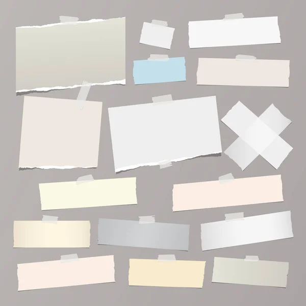Colorful, white ripped note paper strips, sticky, adhesive tape for text or message on gray background. Vector illustration — Stock Vector