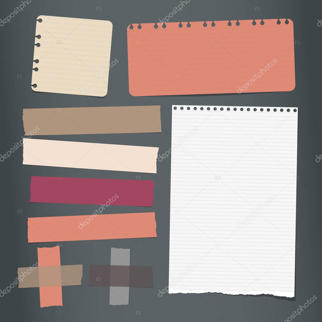 Colorful, white ripped lined notebook, note paper, sticky adhesive tape for text or message on black background. Vector illustration.