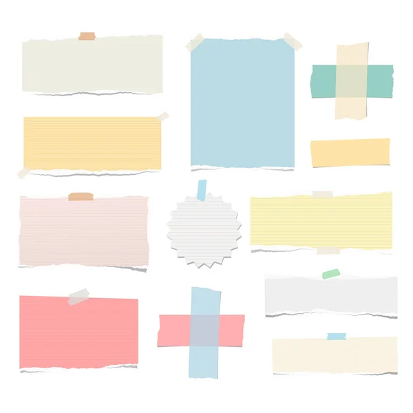 Bandes déchirées colorées lumineuses, carnet, papier à notes, ruban adhésif pour texte ou message collé sur fond blanc . — Image vectorielle