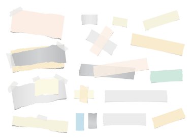 Renkli defter, not kağıdı yırtık, yapışkan yapışkan, teyp metin veya ileti için beyaz arka plan üzerinde yalıtılır. Vektör çizim.