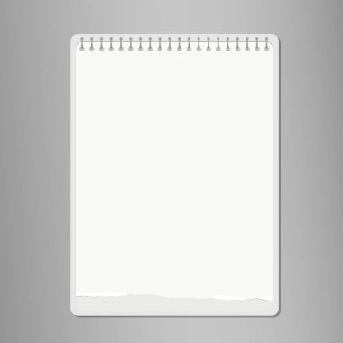 Gerçekçi yırtık defter, boş beyaz kağıt levha gri arka plan üzerinde. Vektör çizim