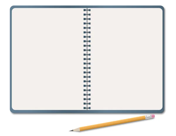 Realistic notebook, blank white paper sheet with pencil isolated on white background. Vector illustration — Stock Vector