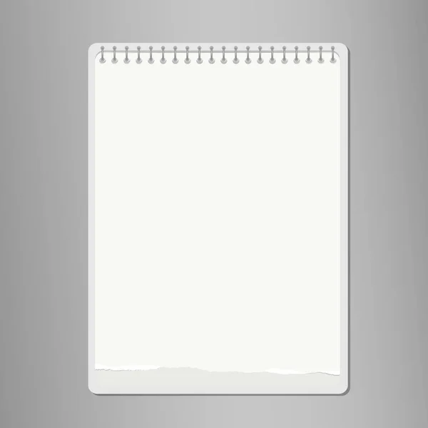 Caderno rasgado realista, folha de papel branco em branco no fundo cinza. Ilustração vetorial —  Vetores de Stock