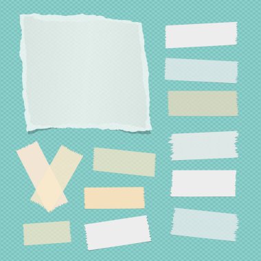 Turkuaz kare arka plan üzerinde beyaz defter, Not kağıt levha, yapışkan yapışkan yapışkan bant metin veya ileti için sökük.