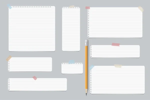 Forrado en blanco, nota, cuaderno, hojas de papel de copybook para texto o mensaje con cinta adhesiva a lápiz sobre fondo gris . — Vector de stock