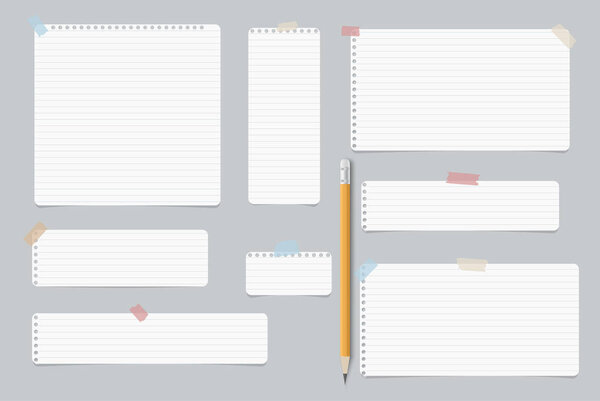 Blank lined, note, notebook, copybook paper sheets for text or message with pencil stuck tape on gray background.