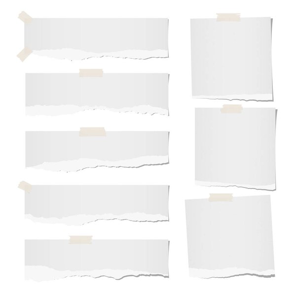 Разорванные горизонтальные, записные книжки, блокноты, бумажные полоски, листы для текста или сообщения, приклеенные липкой лентой на белом фоне
.