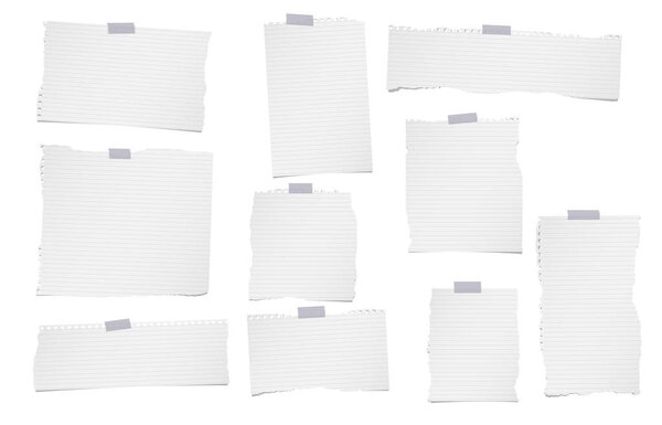 Порванная подкладка, записка, записная книжка, бумажные листы для текста или сообщения, приклеенные липкой лентой на белом фоне
.