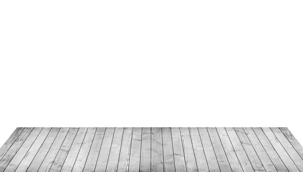 Leere graue Holztischplatte, vertikale Planken auf weißem Hintergrund — Stockfoto