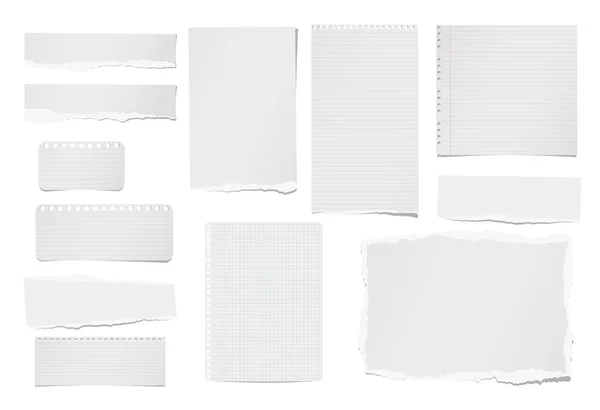 Zerrissene linierte und leere Notizen, Notizbücher, Papierstreifen, Blätter für Tex oder Nachricht auf weißem Hintergrund aufgeklebt. — Stockvektor